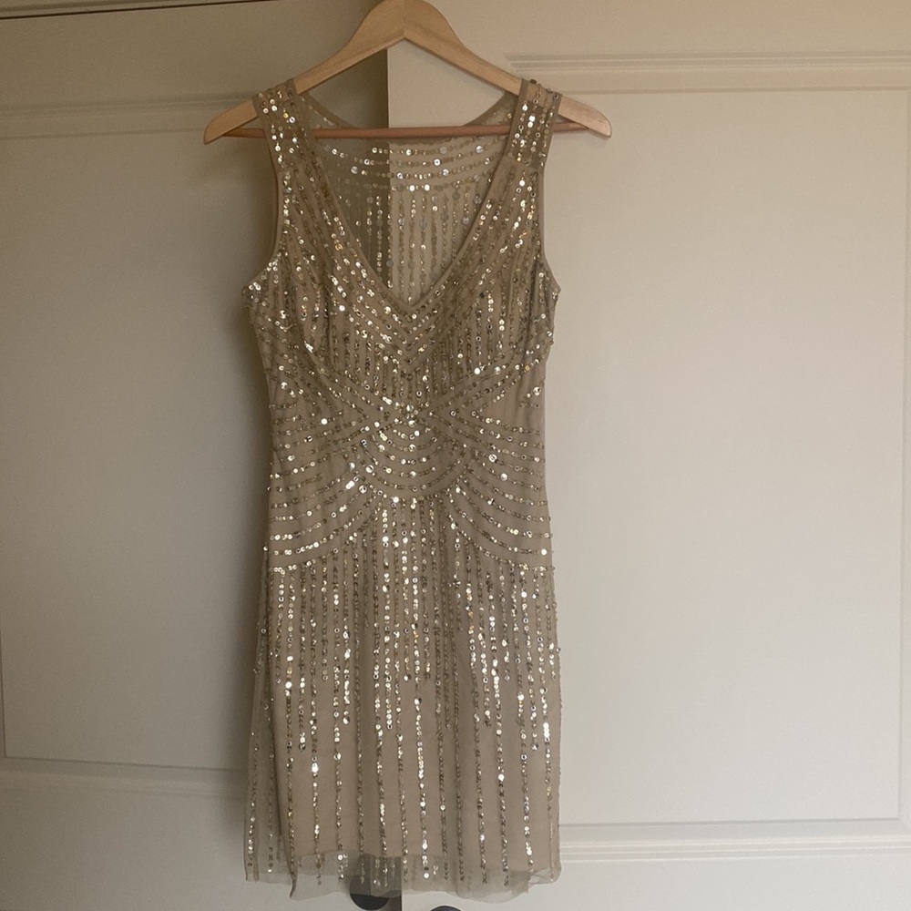Designer Dress by Aidan Mattox, Semi- Formal, beige and sheer